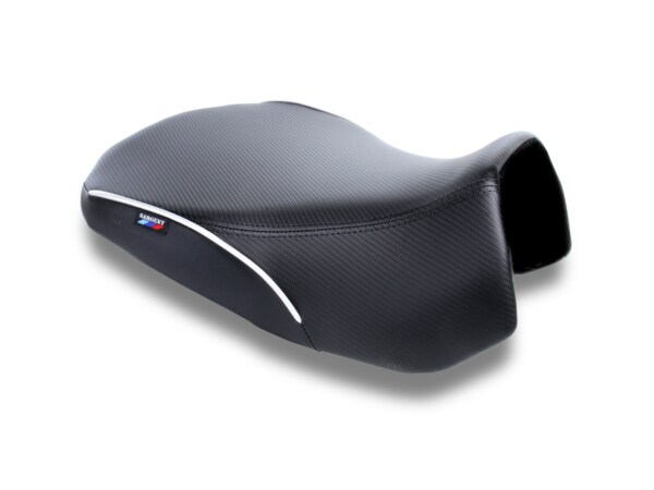 Sargent Cycle Products new World Sport front motorcycle seat for the BMW R 1300 GSA with CFX and silver welt, Regular Height.
